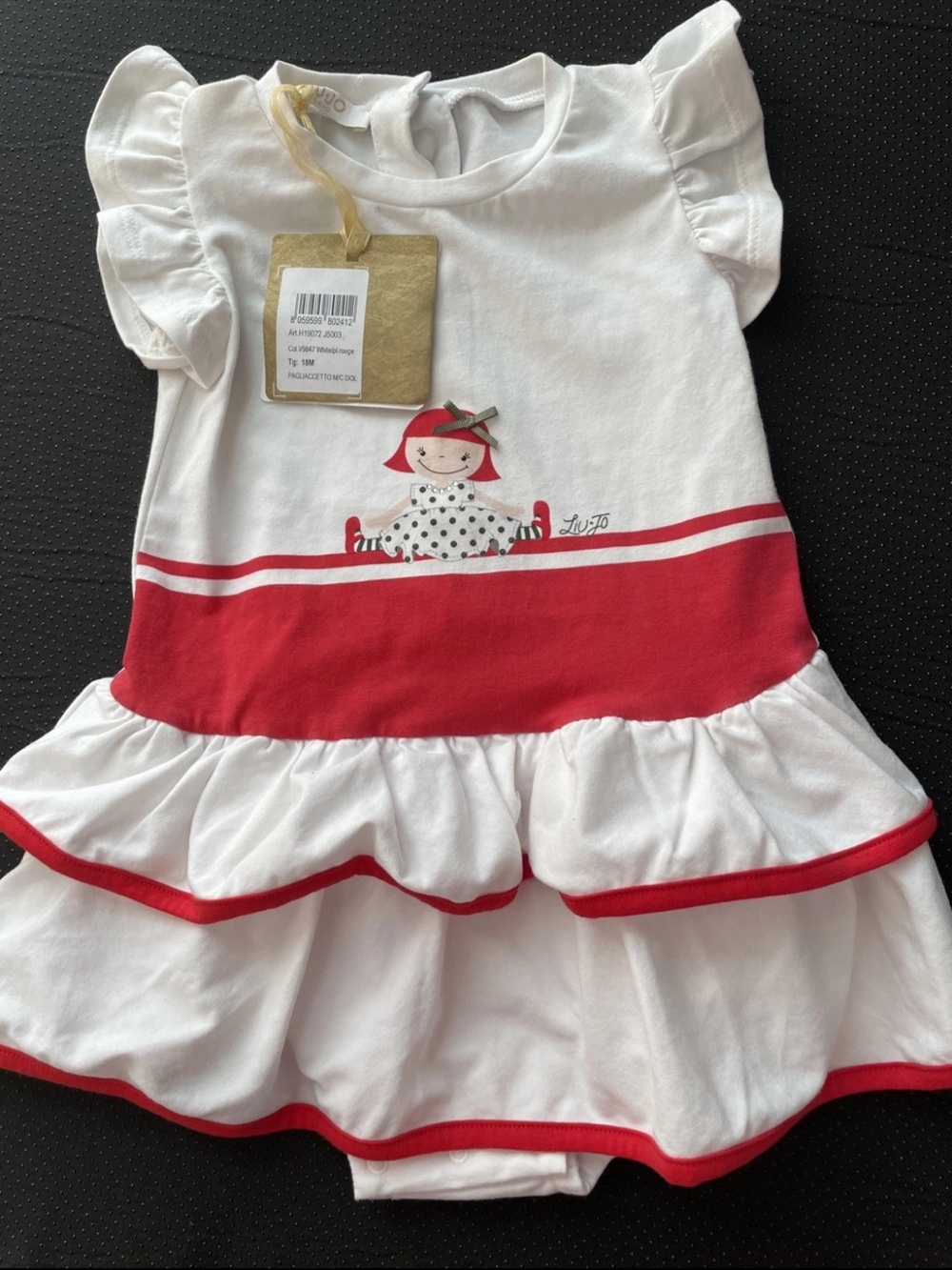 Liu Jo White Baby Dress with Red Doll Accent and Gold Ribbon